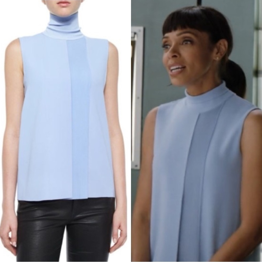 VINCE Laser Trim Pleated Turtleneck Mock Neck Top Blouse